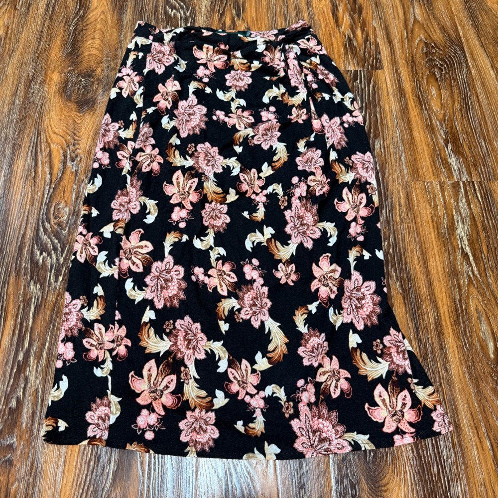 Ralph Lauren Women's SP Floral Midi Skirt Black Pink Linen Blend Petite Small SP